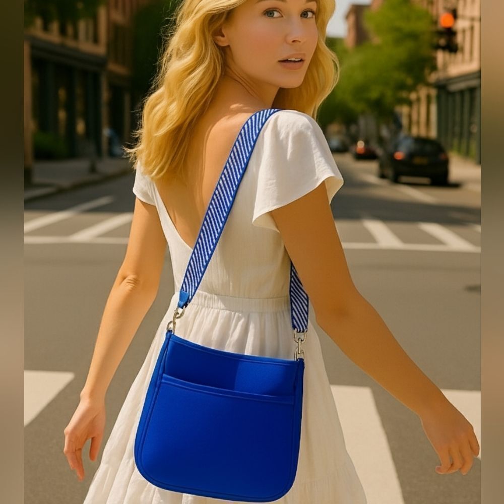 Ah dorned Royal Blue Neoprene Messenger Bag Style -Blue/Black White Woven Strap
